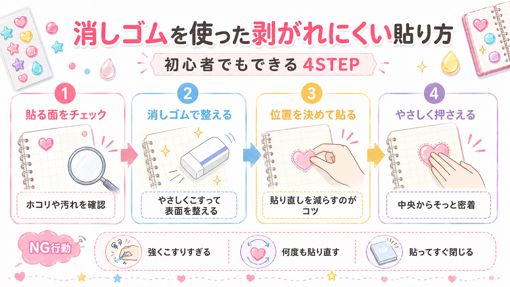 ボンボンドロップシールを消しゴムで剥がれにくく貼る方法を4ステップで解説した図解。貼る面確認からやさしく押さえる手順まで紹介