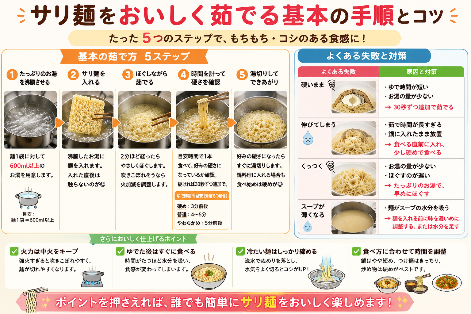 サリ麺のおいしいゆで方5ステップと硬い・伸びる・くっつく失敗の対処法