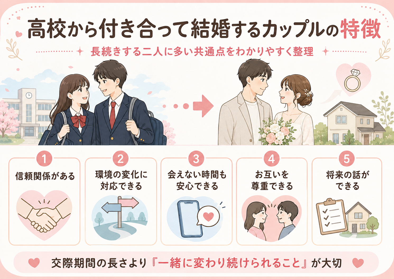高校から付き合って結婚するカップルの特徴5つを解説した図
