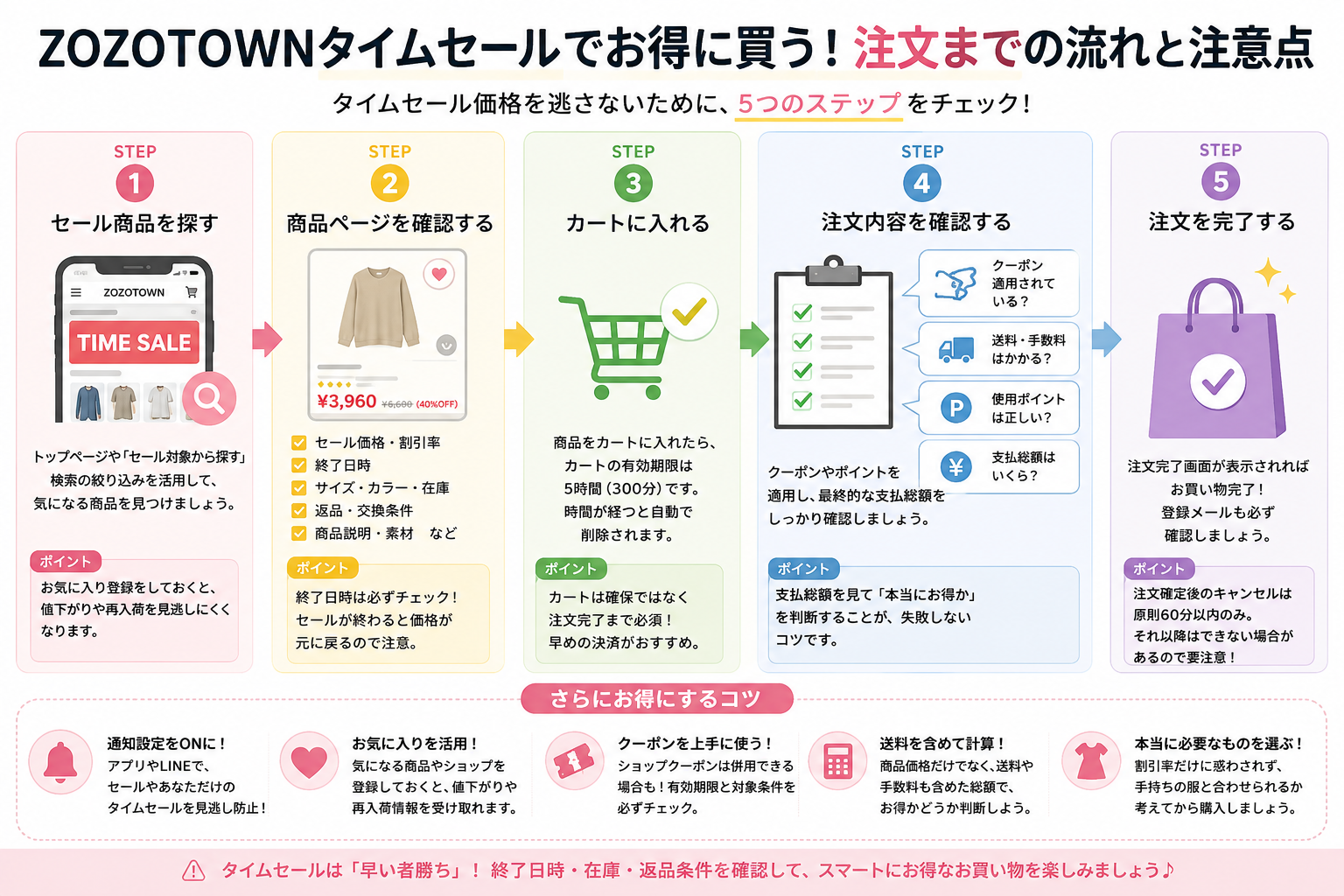 ZOZOTOWNタイムセールの商品を探してから注文を完了するまでの流れと注意点