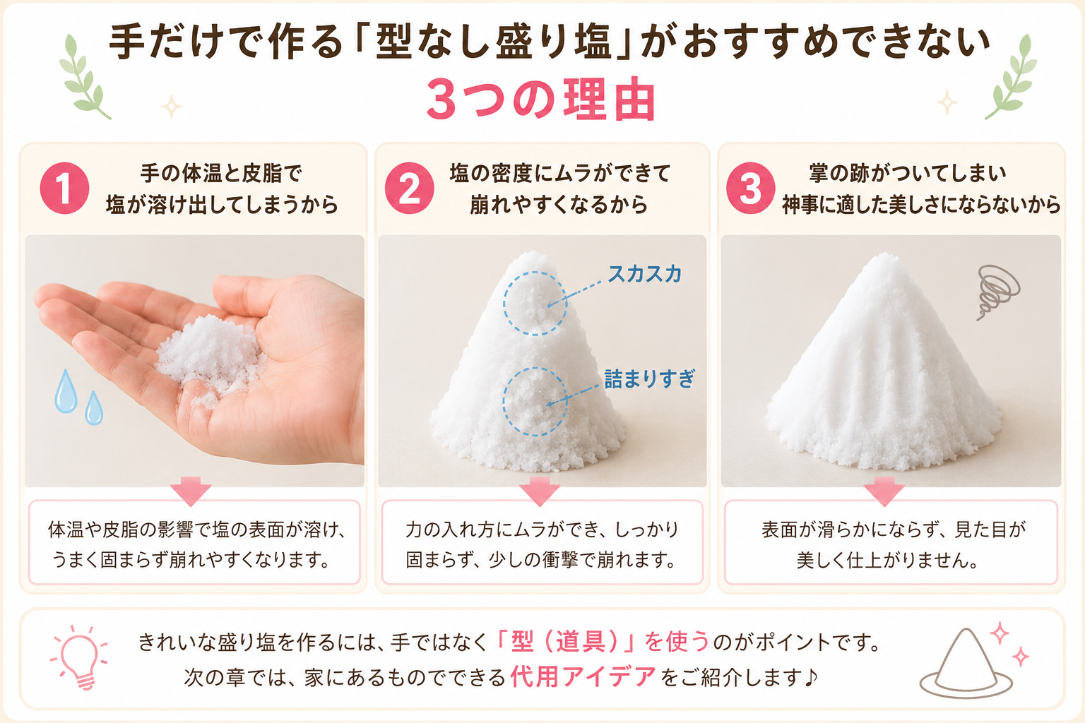 手だけで作る型なし盛り塩が崩れやすい3つの理由を解説した図解