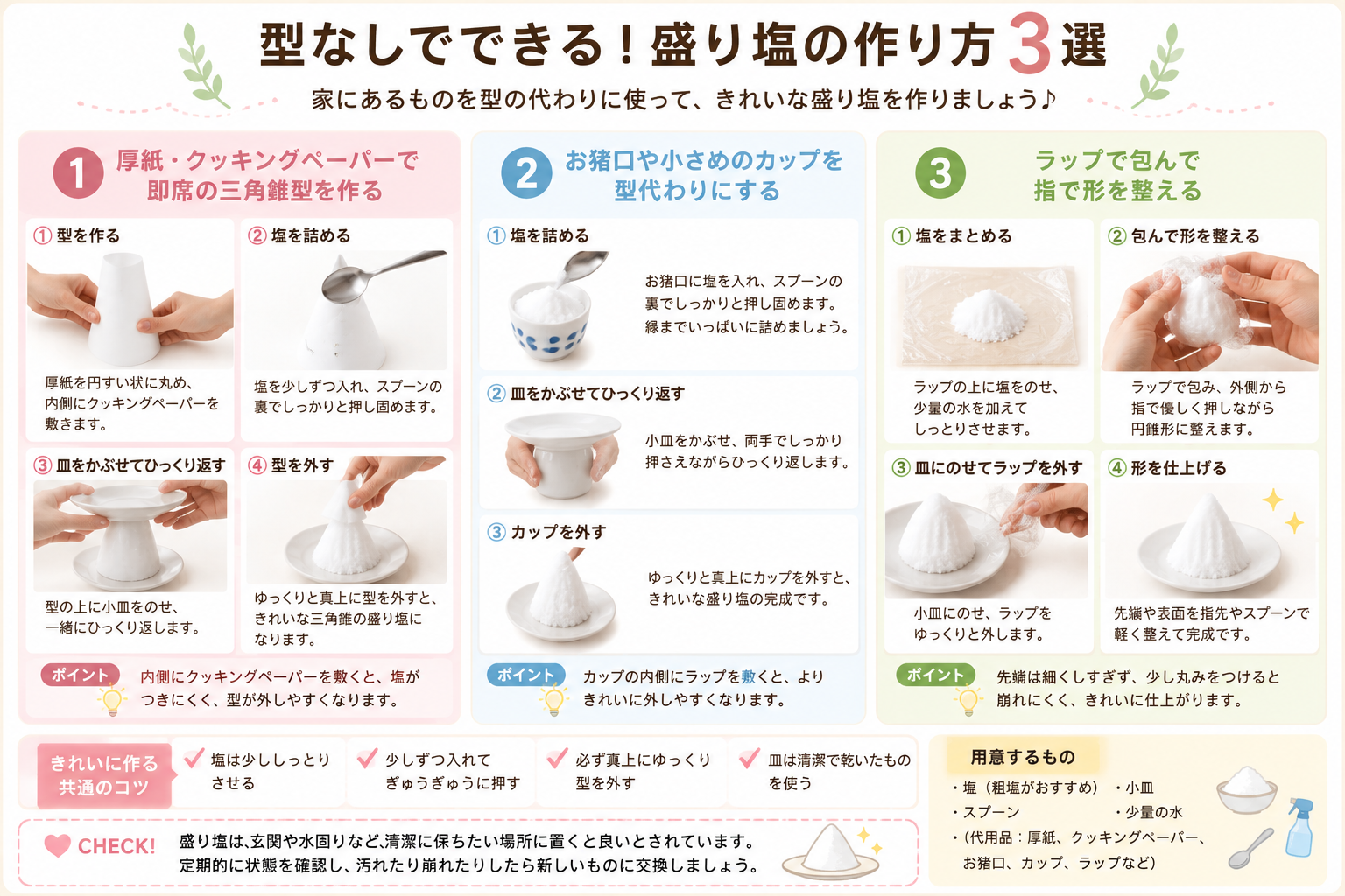 型なし盛り塩の作り方3選を紹介した図解｜厚紙・お猪口・ラップの代用品例