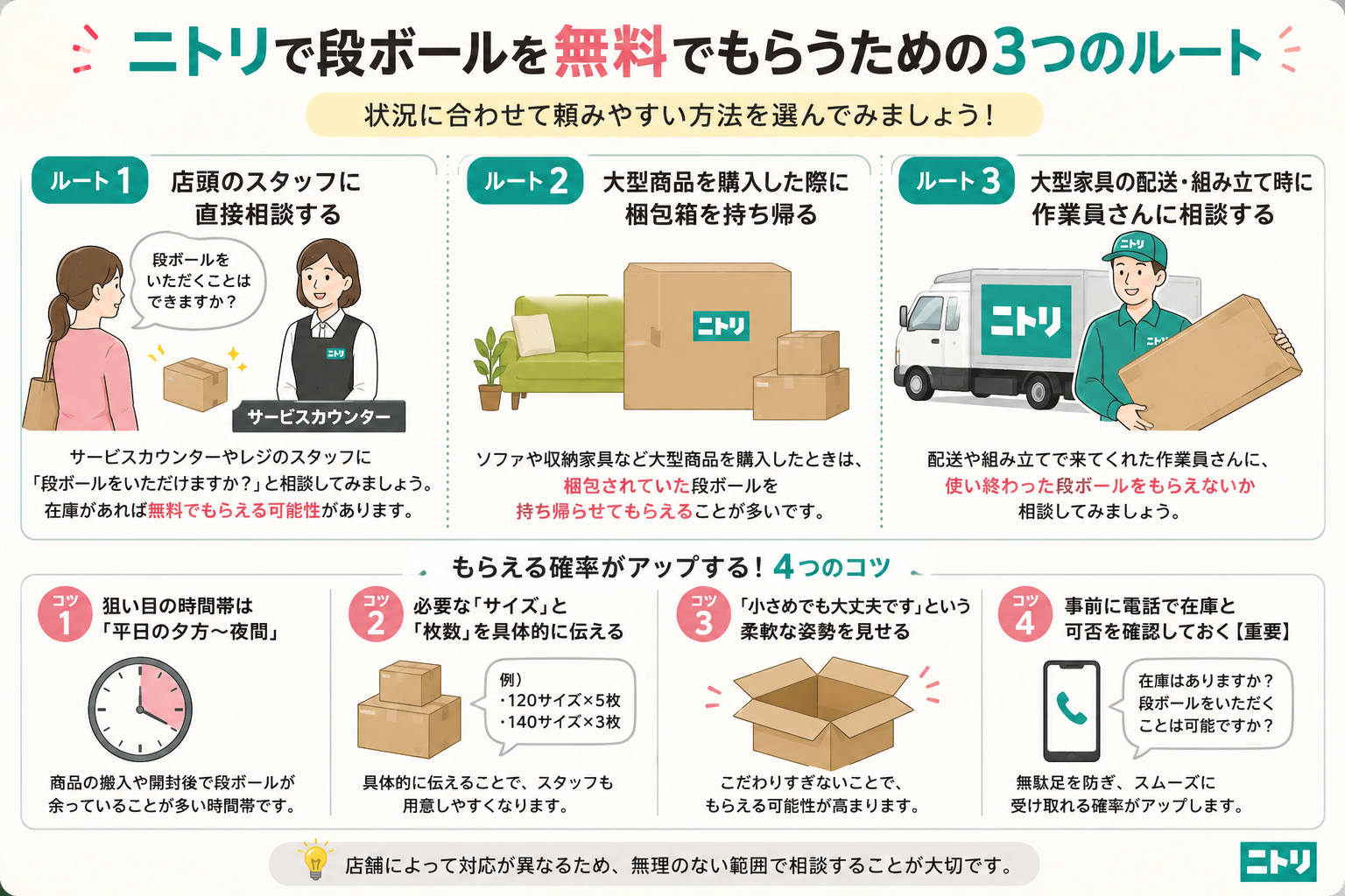 ニトリで段ボールを入手する3つの方法と店舗へ相談するときのポイントをまとめた図解