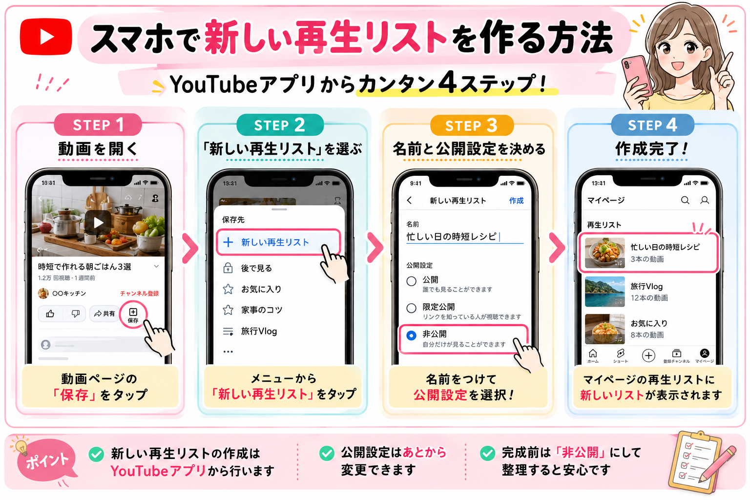 スマホのYouTubeアプリで新しい再生リストを作る4ステップを解説した図解
