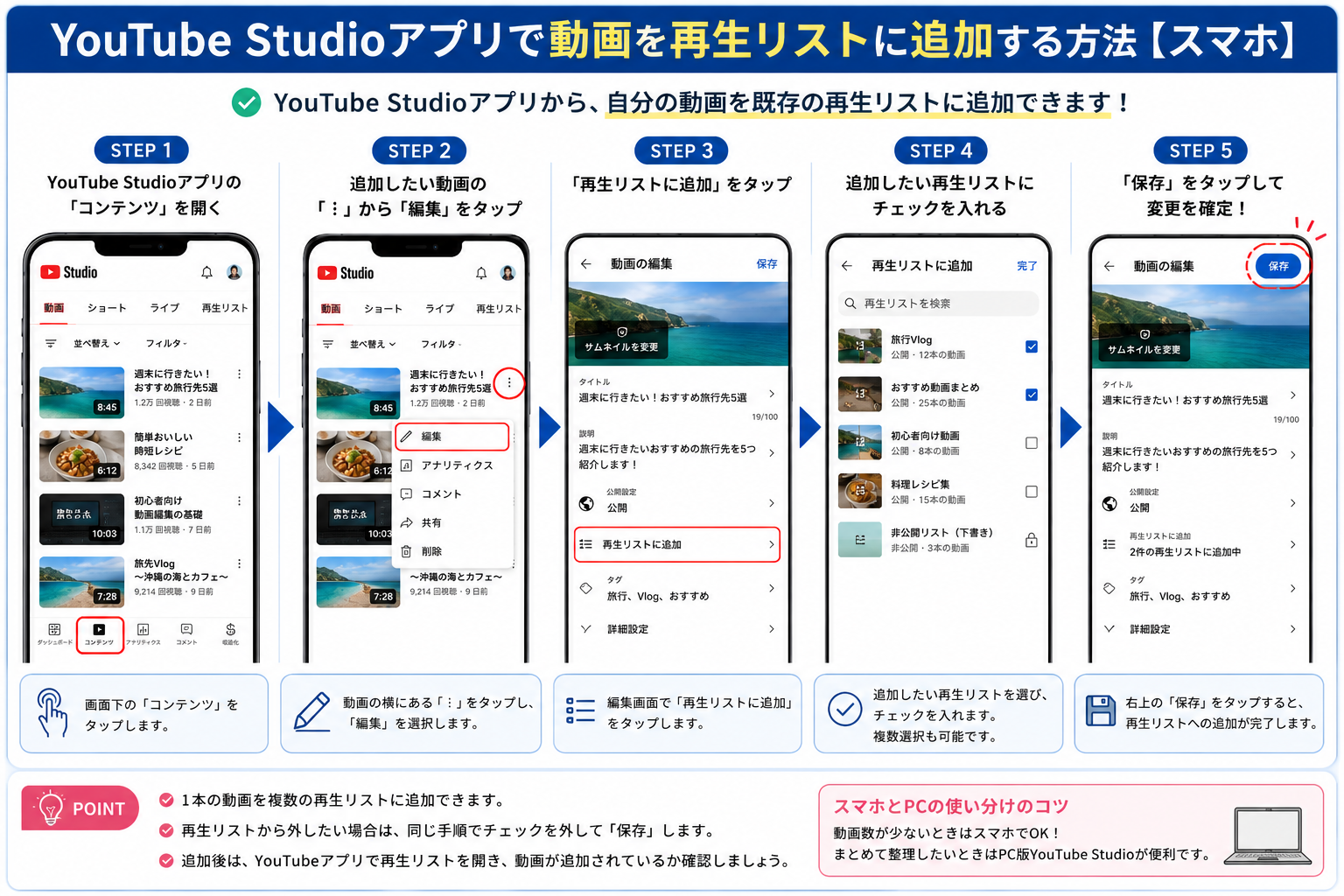 YouTube Studioアプリで動画を再生リストに追加する5ステップを解説した図解