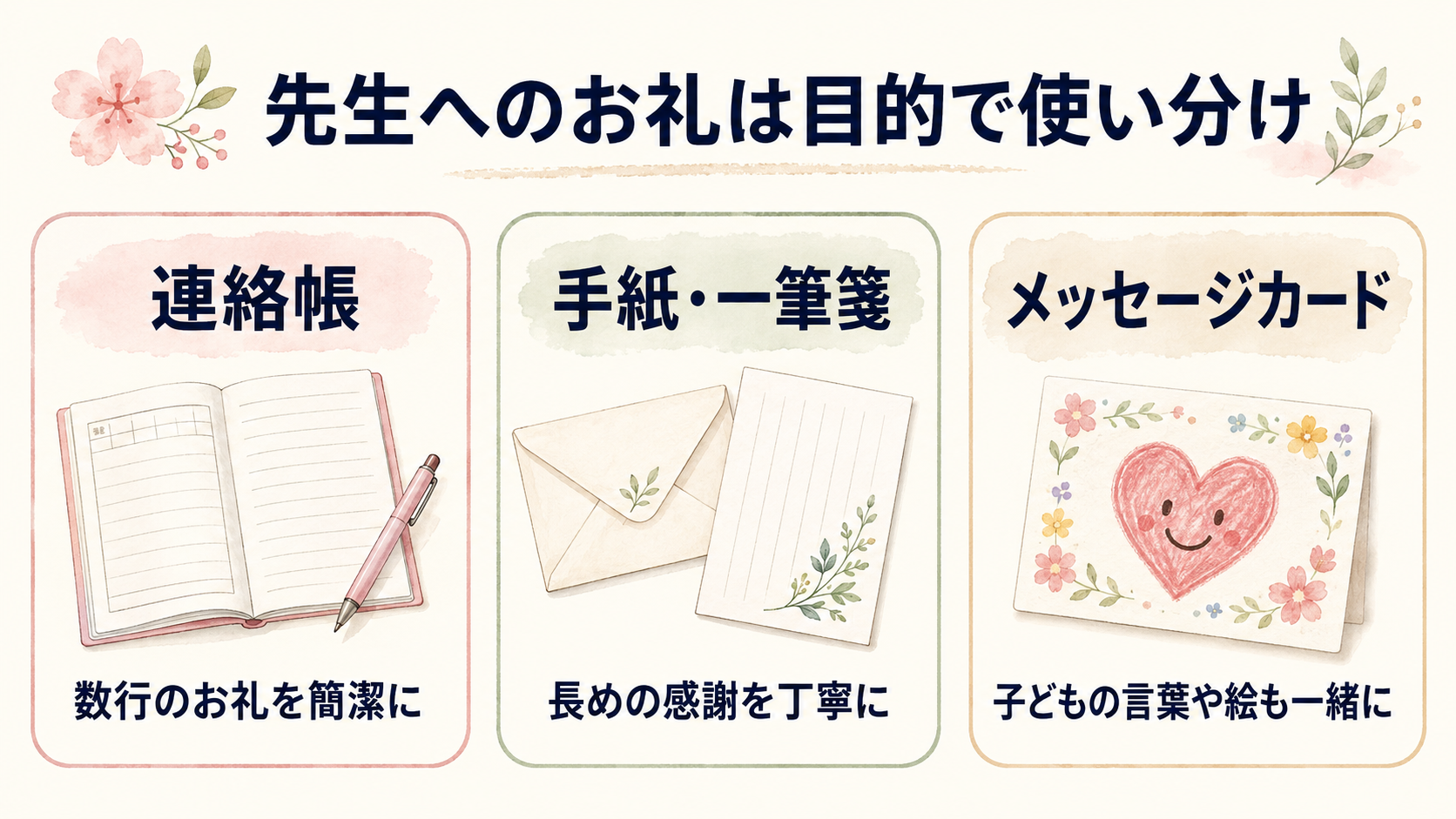 先生へのお礼に使う連絡帳・手紙・メッセージカードの使い分け
